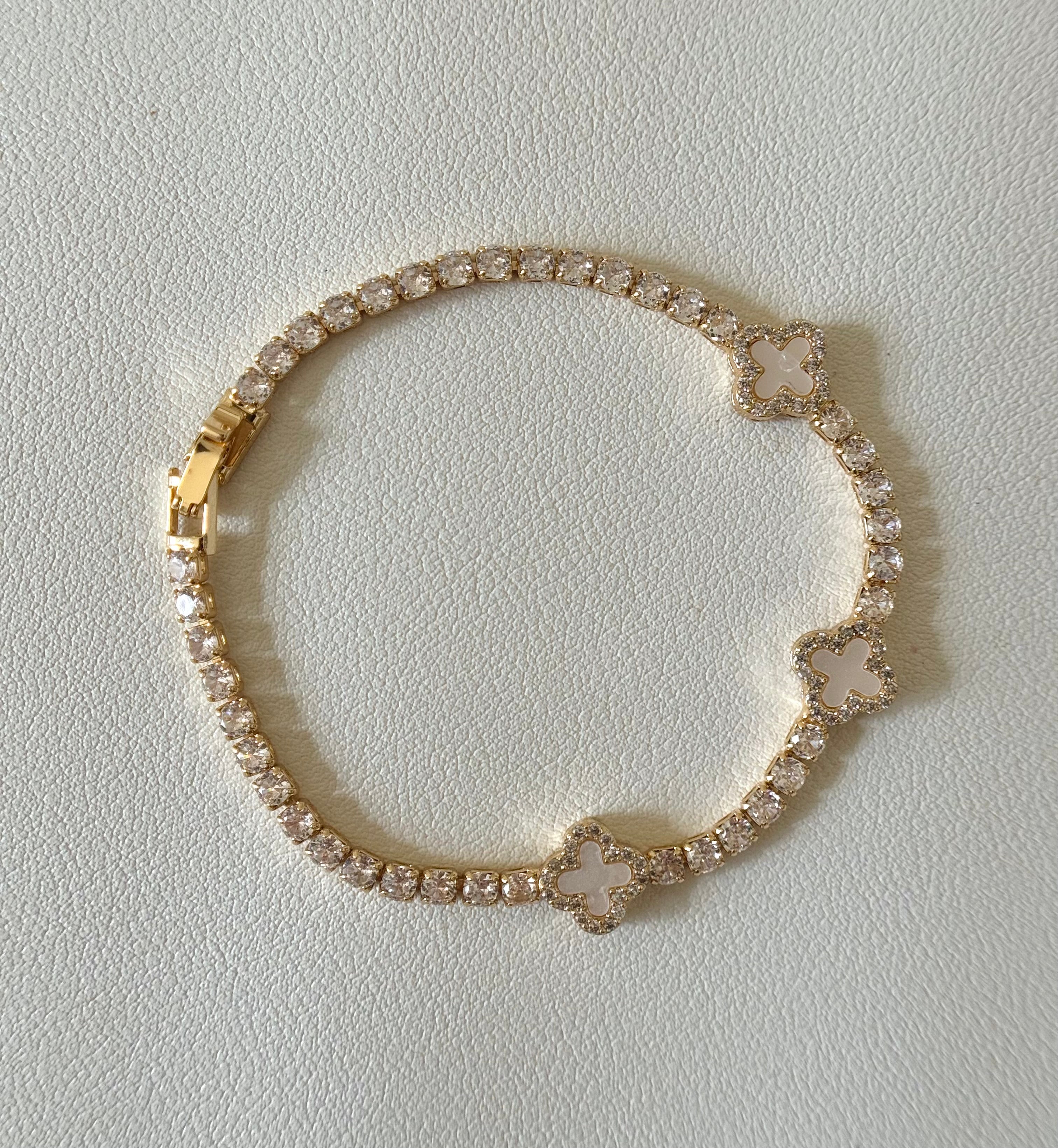 Gold Plated 14K Tennis Bracelet w/ Mother-of-Pearl Clover -B010