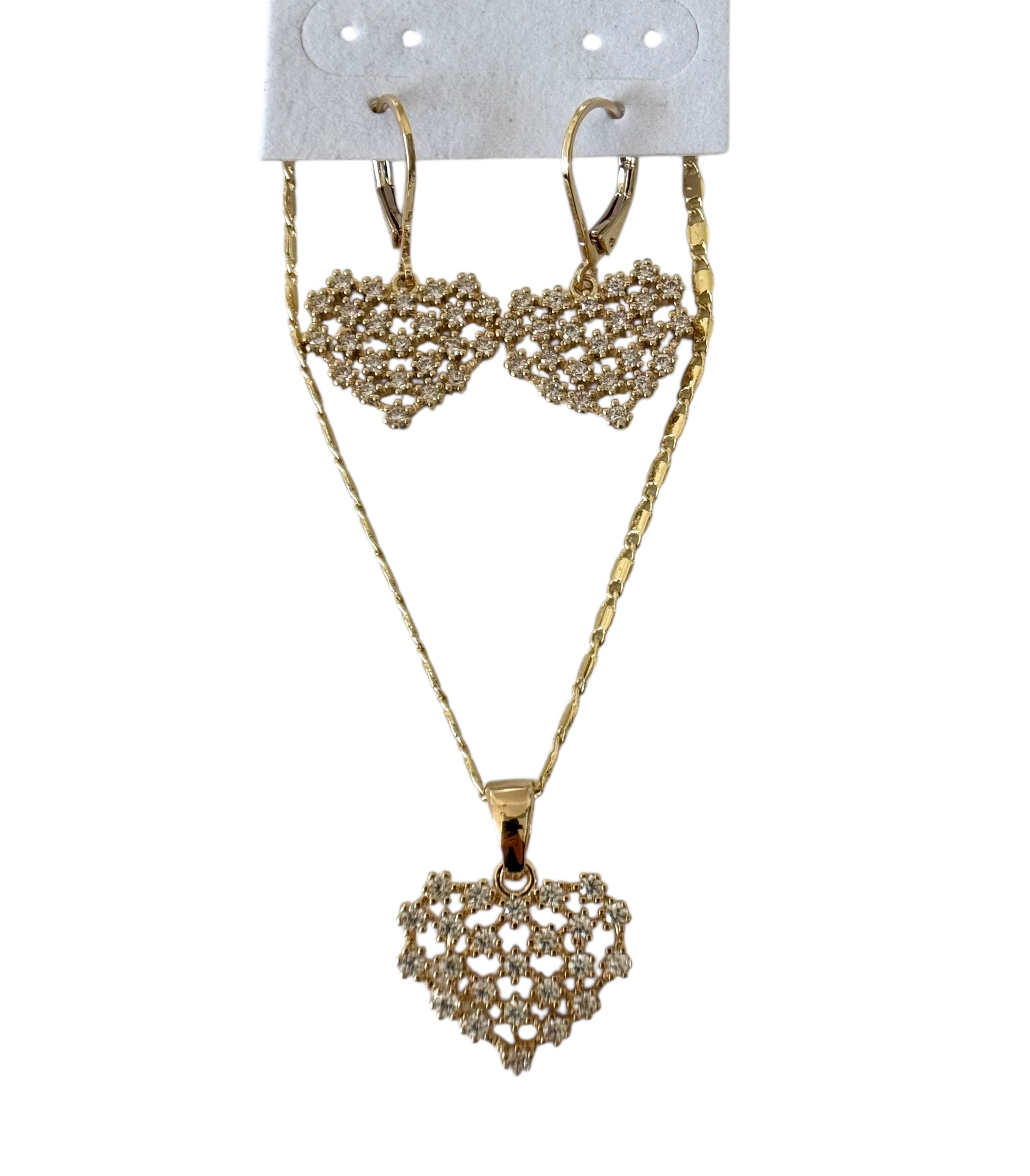 Gold Plated 14k – Crystal Heart Cluster Pendant Set with Earrings